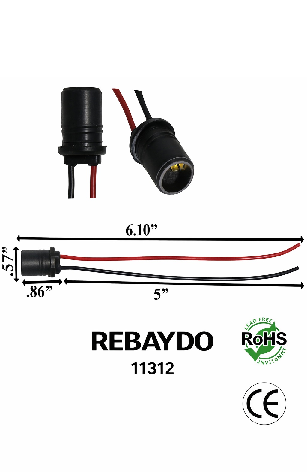 Rebaydo 2pcs T10 Wedge Socket Rubber Black 6 Inches Wire