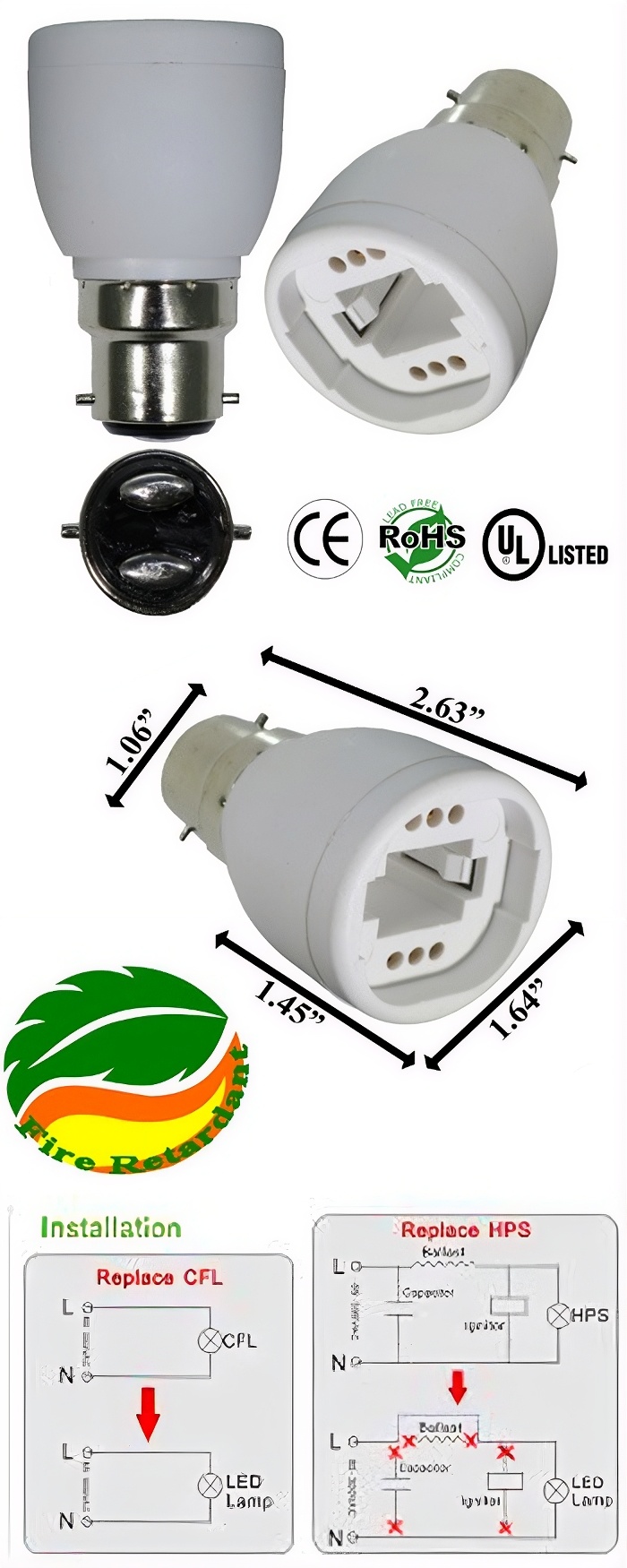 Rebaydo 2pcs B22 Male To G23 2 Pin Female Socket Converter