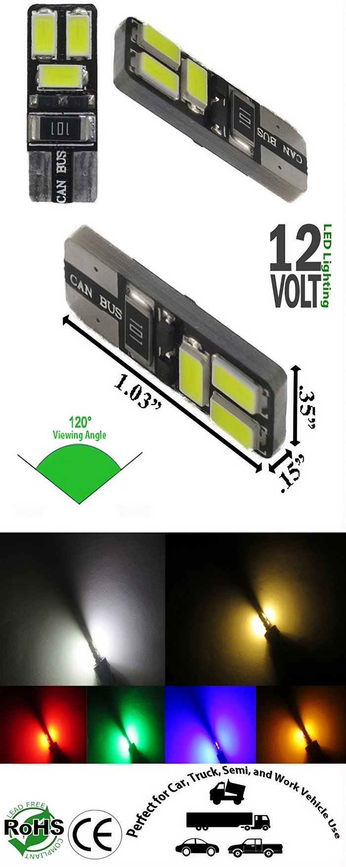Rebaydo 2pcs T10 Wedge Canbus 6 LED 5630SMD 12 Volt AC/DC 120 Viewing