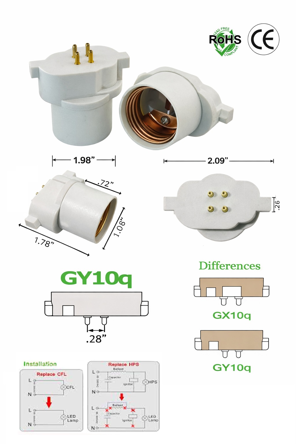 Rebaydo 2pcs GY10Q Male to E26/E27 Female Adapter Lamp Holder
