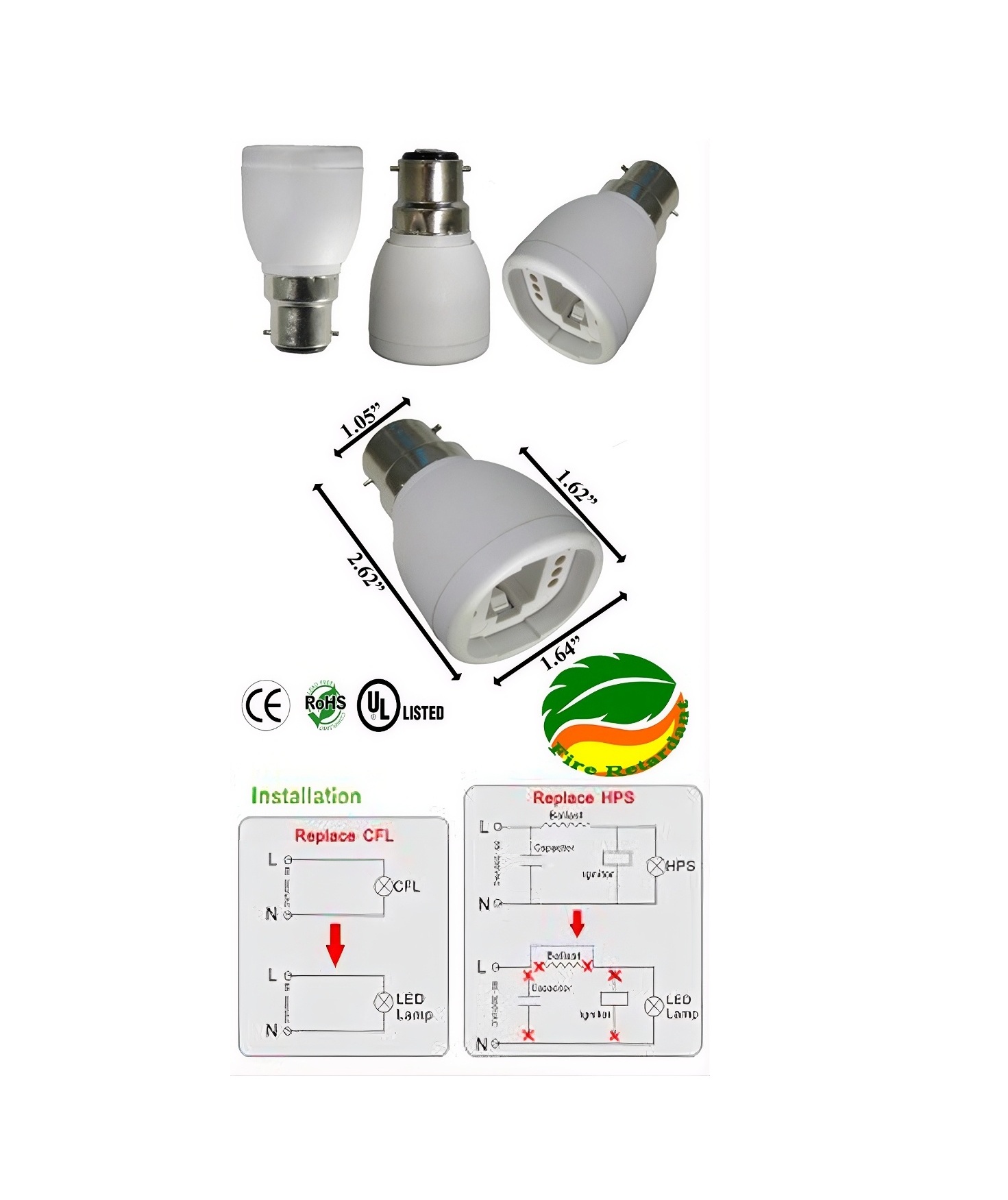 Rebaydo 2pcs B22 Male To G24 2 Pin Female Converter Adapter