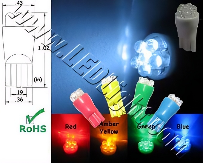 image of a t10 wedge 6 led light bulb