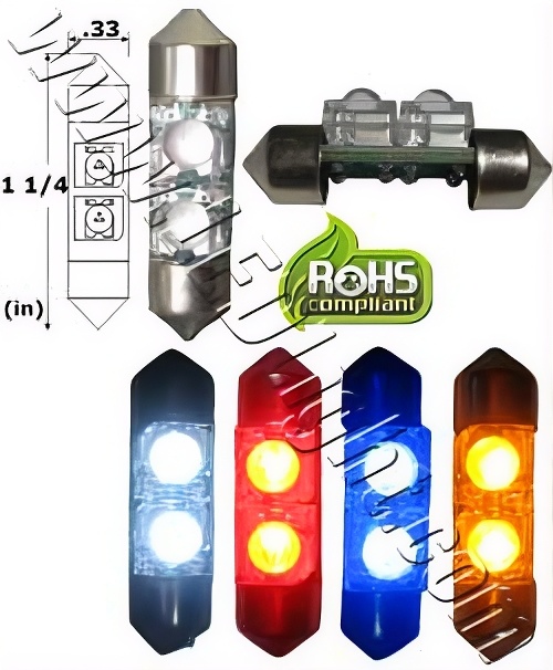 Rebaydo 2pcs Super Flux 2 LED Festoon Bulb 12V DC 1-1/4" or 31 mm
