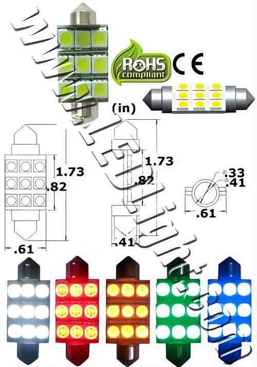 Rebaydo 2pcs Festoon SMD 9 5050 LED Light 1 3/4 Inches or 41 mm 12 Volt DC