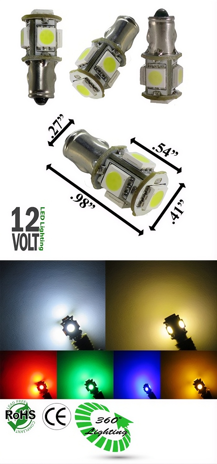 Rebaydo 2pcs Miniature Bulb BA7S Base 1.5 Watt 5 SMD Bulb 12V DC T2 1/2