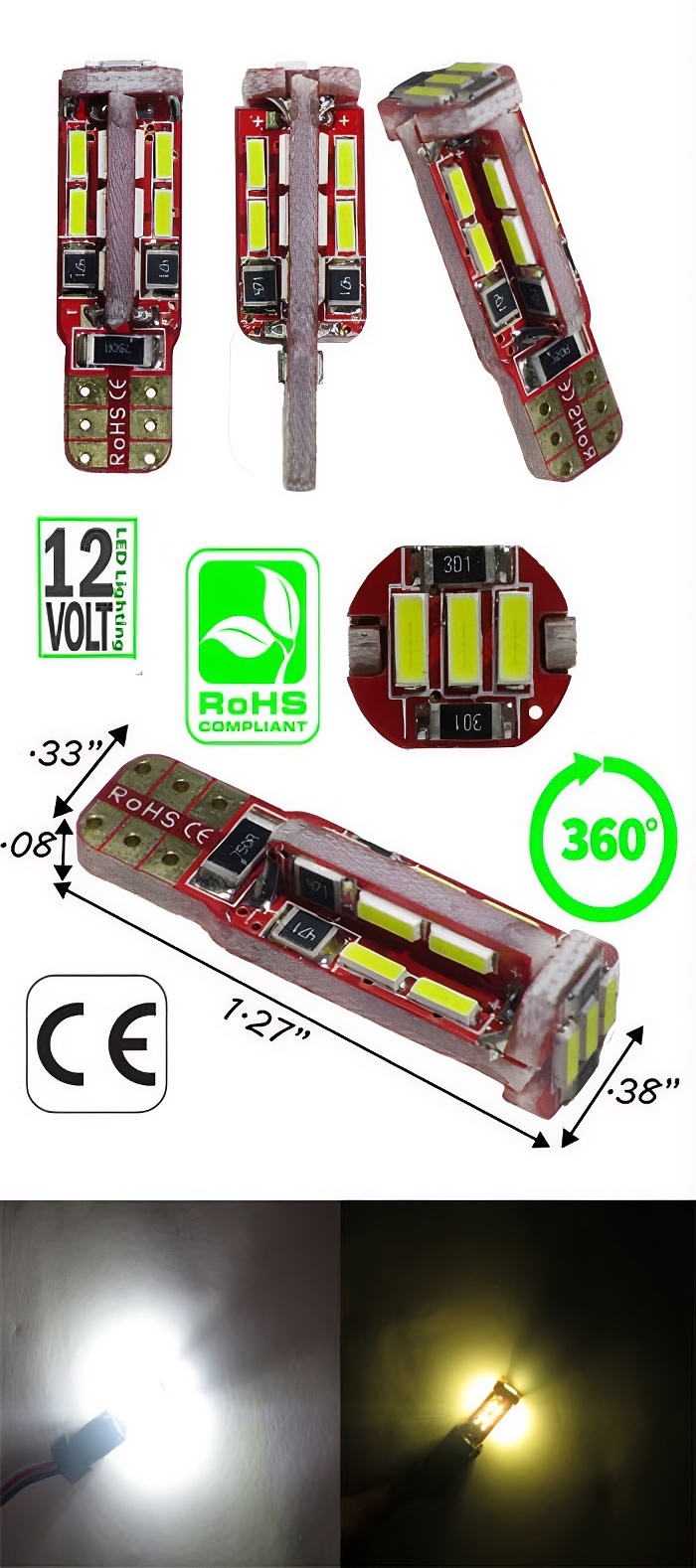 Rebaydo 2pcs T10 CAN Bus 4014 19 LED 360 Viewing 12 VDC T3 1/4 