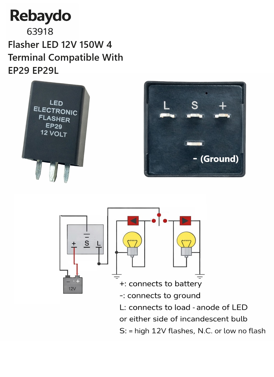 Rebaydo Flasher LED 12V 150W 4 Terminal Compatible With EP29 EP29L