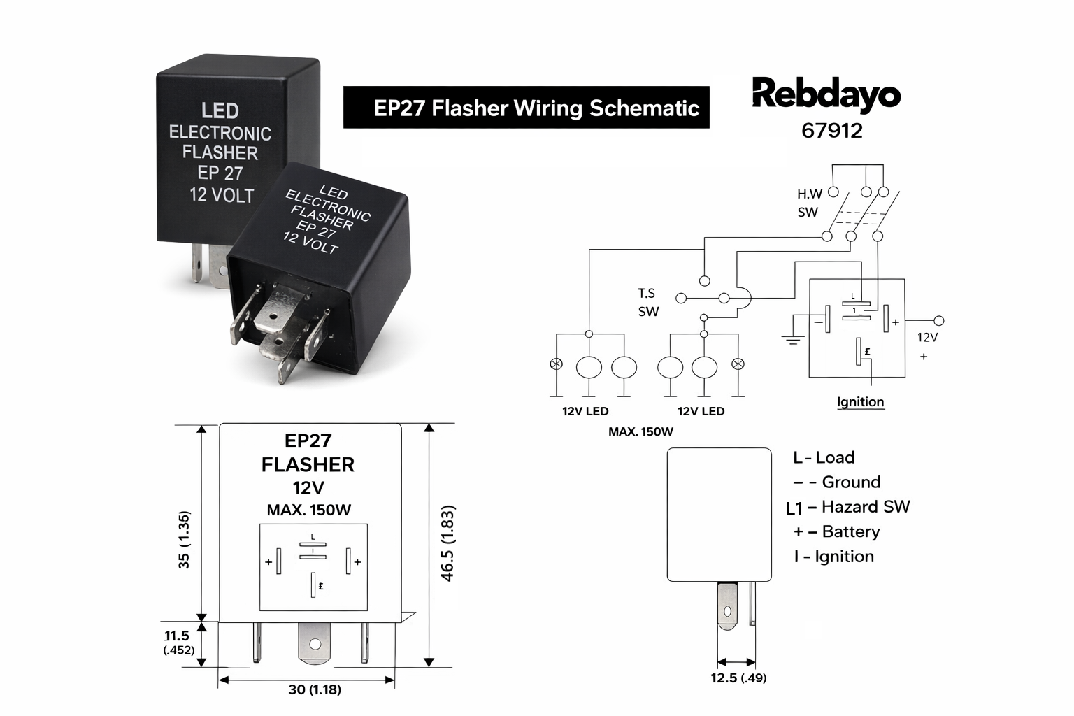 Rebaydo Flasher LED 12VDC 150W 5 Pin Compatible With EP27 EP27L EP39