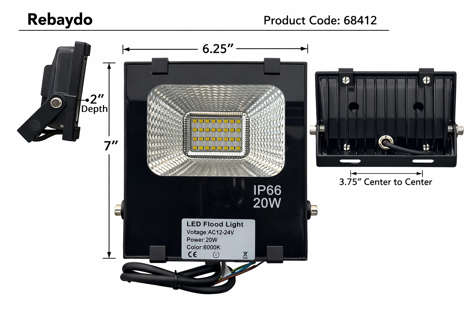 Rebaydo 20 Watt LED Flood Light 12 to 24 Volt AC