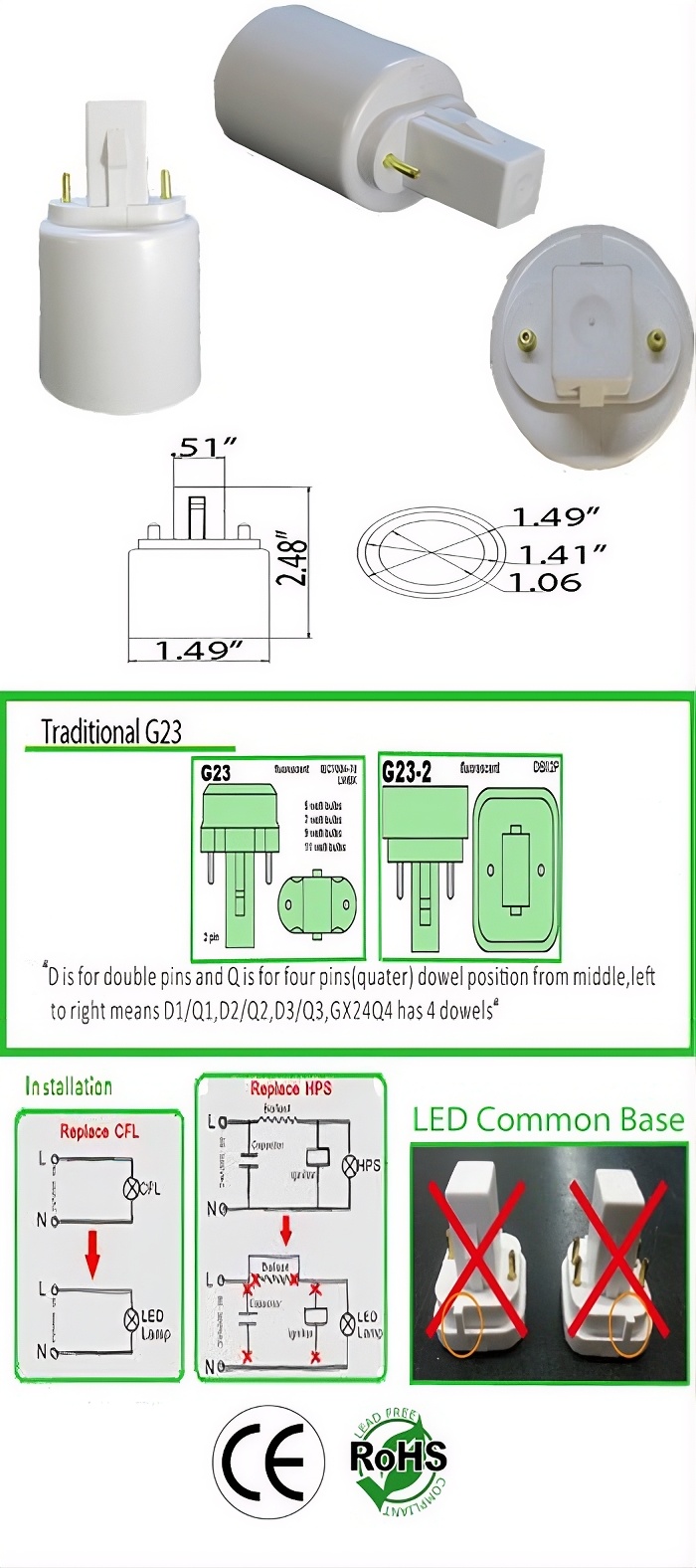 Rebaydo 2pcs G23 2 Pin male to E26 female Converter Adapter