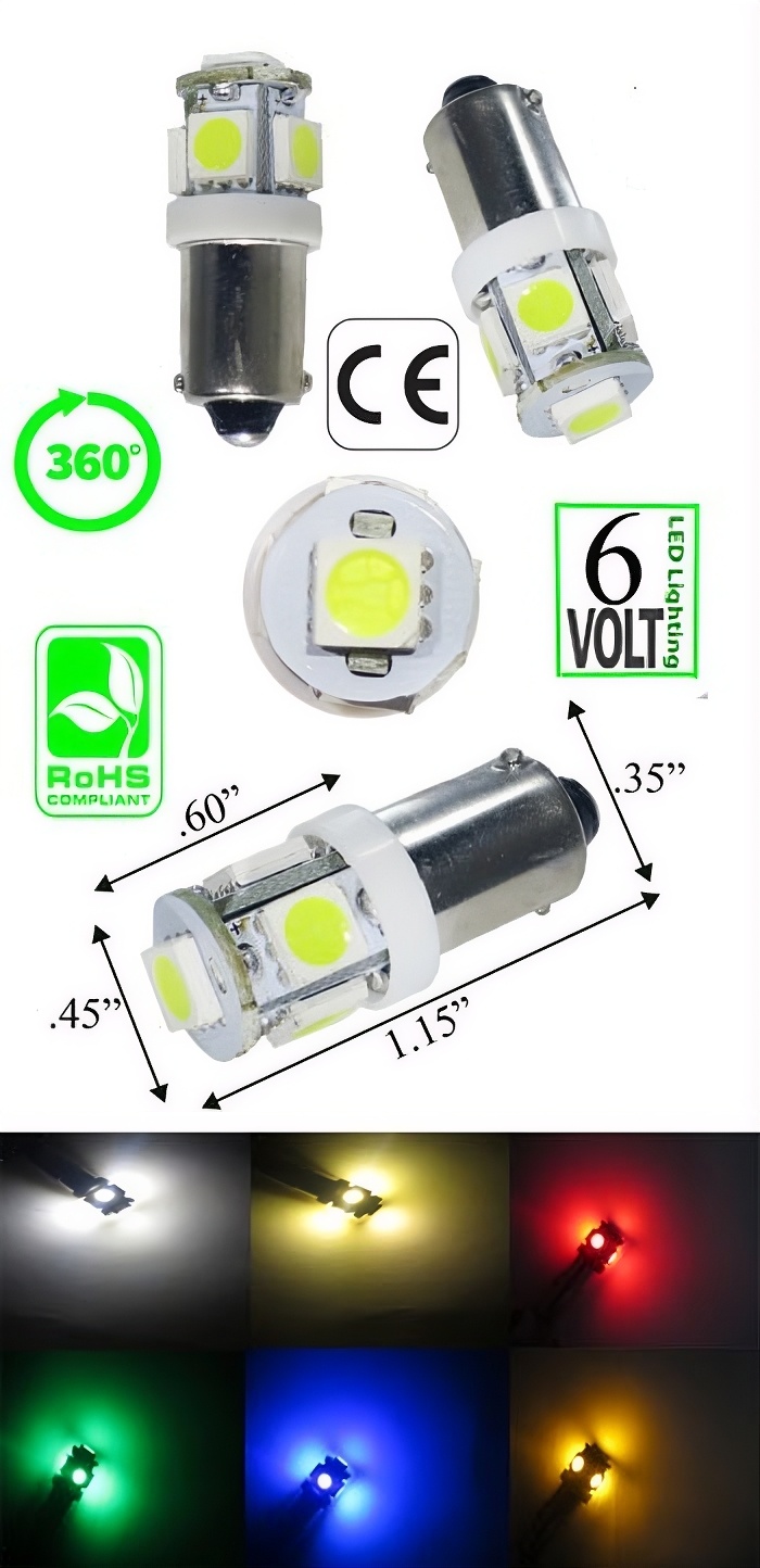 Rebaydo 2pcs BA9S 6 Volt DC 5 LED 360 Degree Dimmable T3-1/4