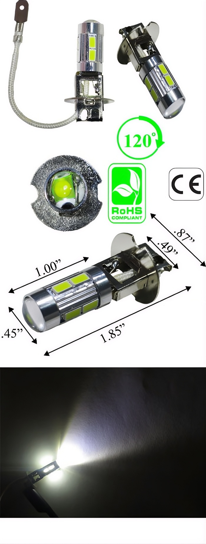 Rebaydo 2pcs H3 LED Driving/Fog Light 12-24V AC/DC