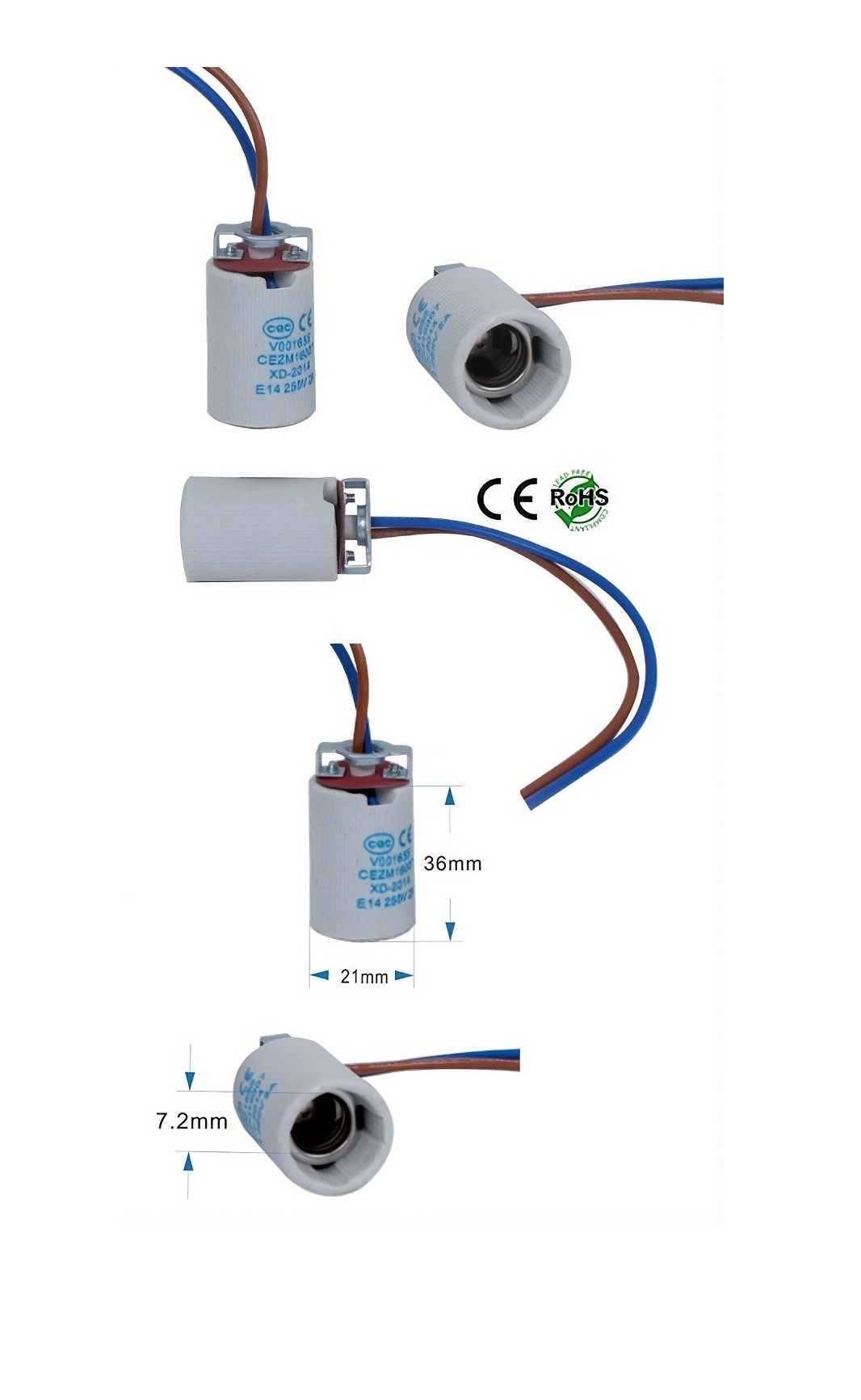 Rebaydo 2pcs E14 female Socket Ceramic 250 Volt 2 Amp with Pigtail wires
