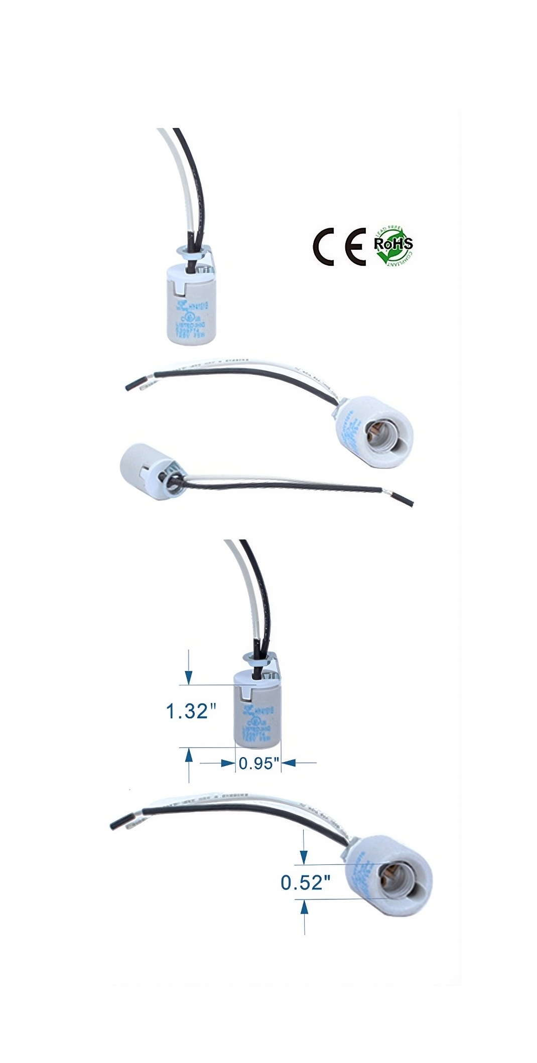 Ceramic E12 Screw Base Socket with pigtail wires