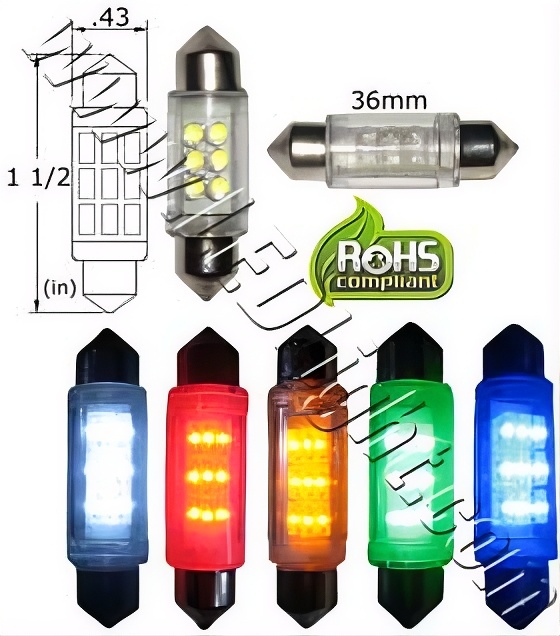 Rebaydo 2pcs Festoon Super Bright 6 LED Light 1-1/2 Inches or 36 mm
