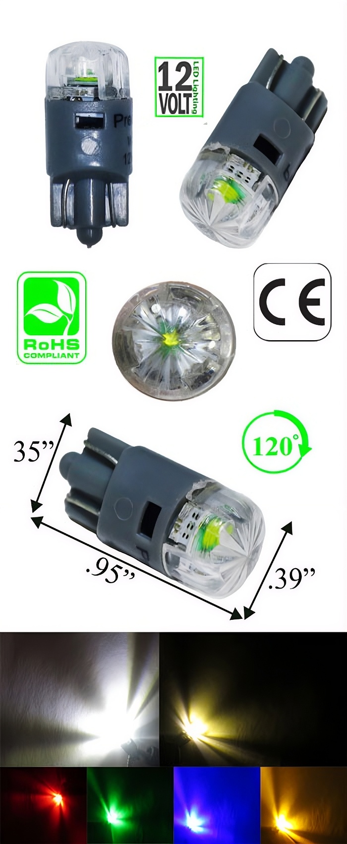 Rebaydo 2pcs T10 Wedge Base 3W 12V DC T3 1/4 LED Bulb