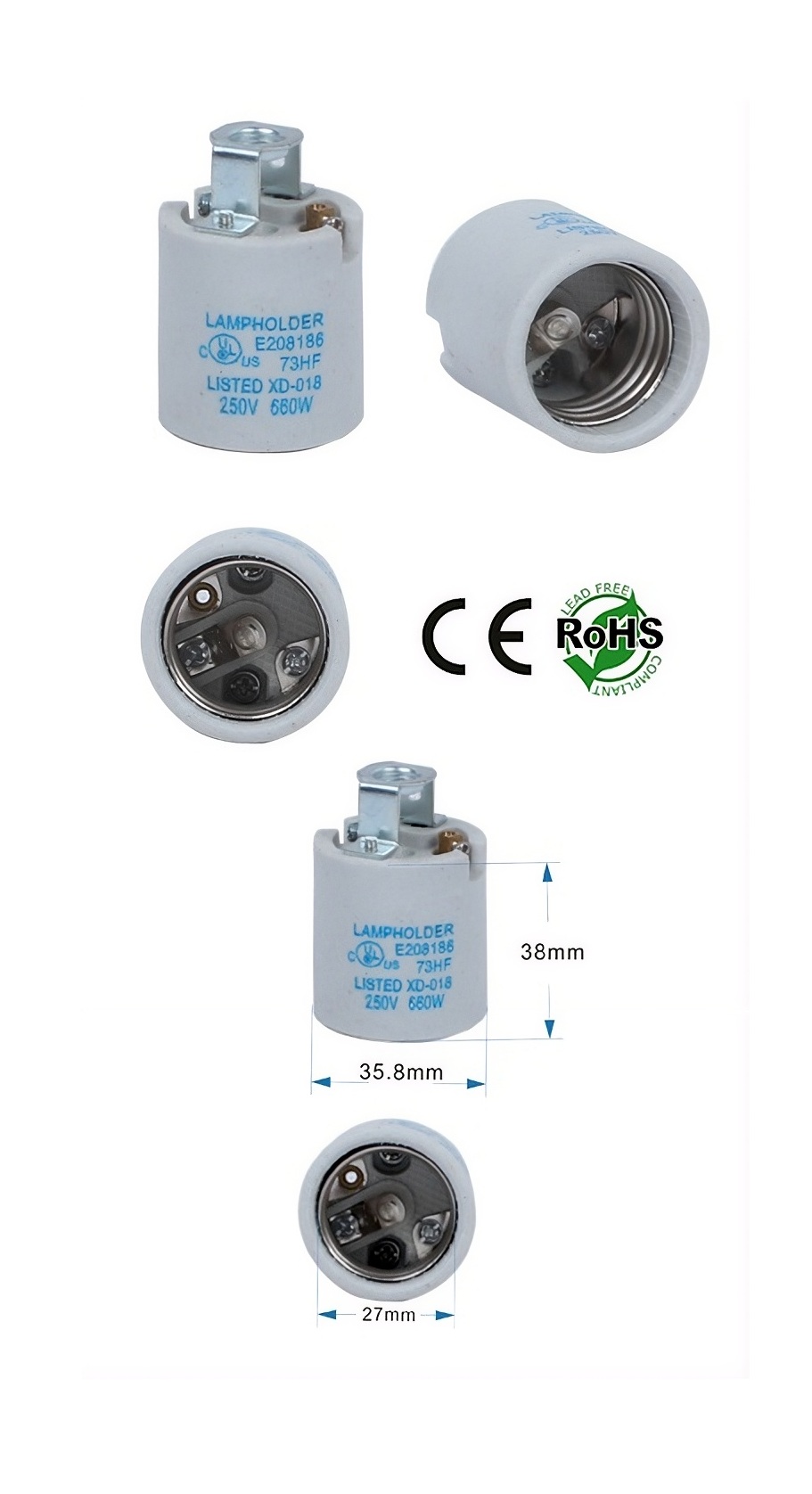 Rebaydo 2pcs E26/E27 Porcelain Socket with Screw Terminals 250V AC